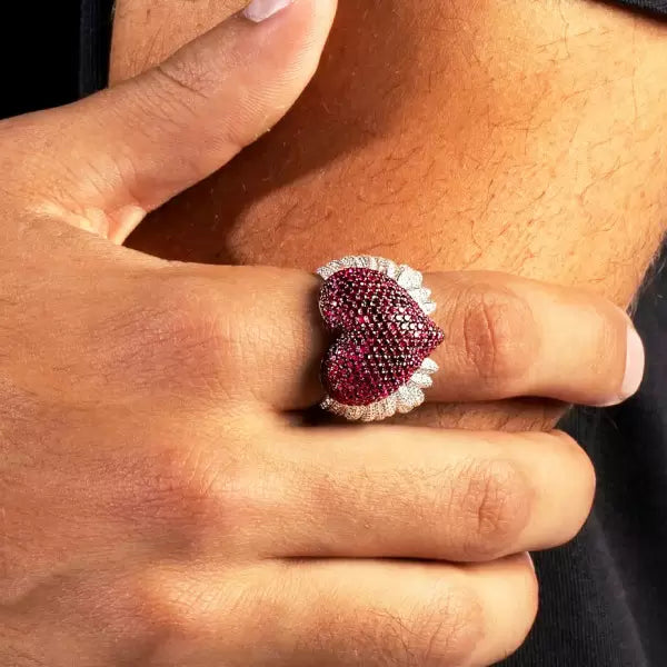 5.8 ctw Angel Wings Ruby Round Cut Heart Ring