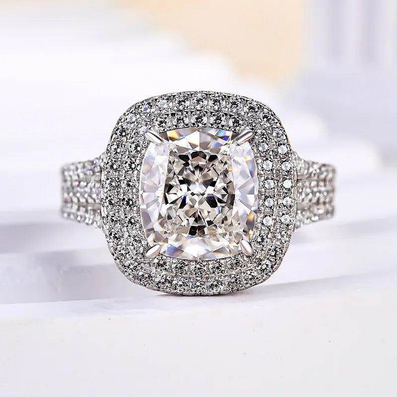 6 ctw Double Halo Triple Shank Cushion Cut Engagement Ring