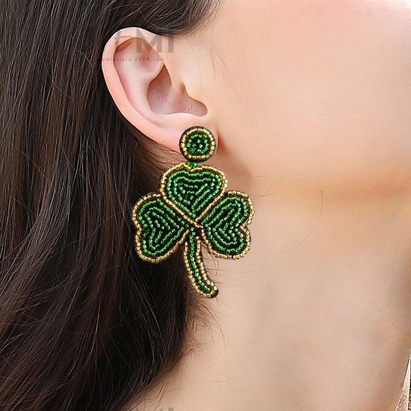 Small Fresh Green Shamrock Rice Bead Earrings -JOSHINY