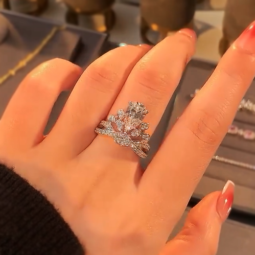 Elegant 5 ctw Pear Cut White Gemstone Crown Engagement Ring -JOSHINY