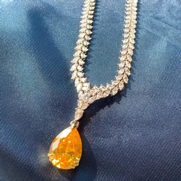 26ctw Pear Cut Elegant Pave Set Yellow Gemstone Necklace