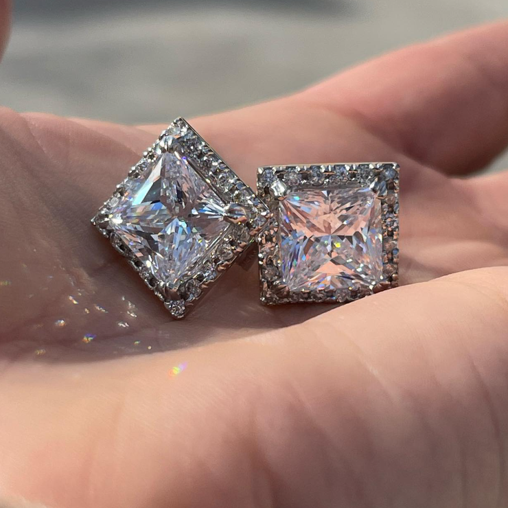 9 ctw Princess Square Cut White Gemstone Halo Stud Earrings -JOSHINY