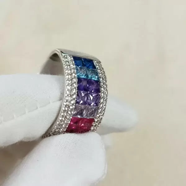 6.2ctw Rainbow Multicolor Gemstone Princess Square Cut Ring