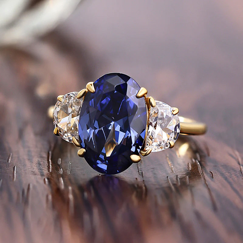 3 ctw Oval Cut Blue Stone Three Stone Engagement Ring