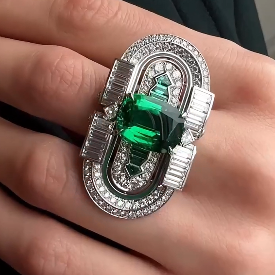 11 ctw Art Deco Cushion Cut Emerald Ring -JOSHINY