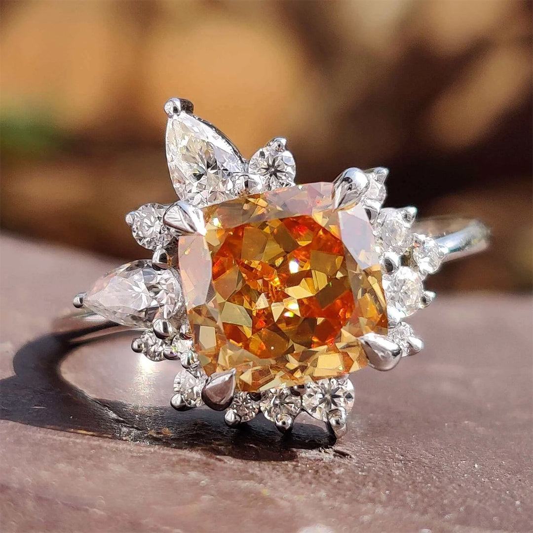 1.9ct Orange Cushion Cut Vintage Style Flower Engagement Ring