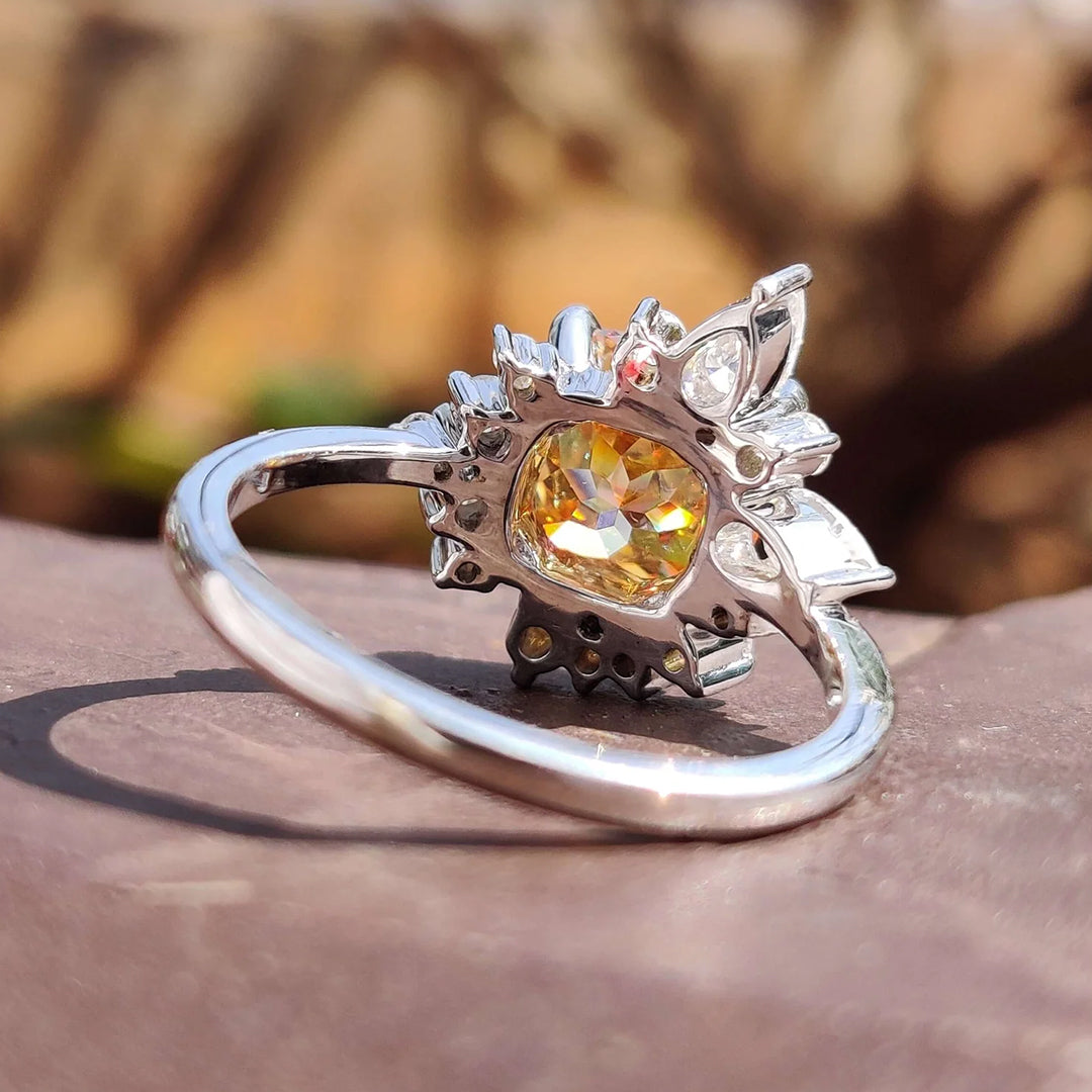 1.9ct Orange Cushion Cut Vintage Style Flower Engagement Ring