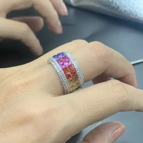 6.2ctw Rainbow Multicolor Gemstone Princess Square Cut Ring