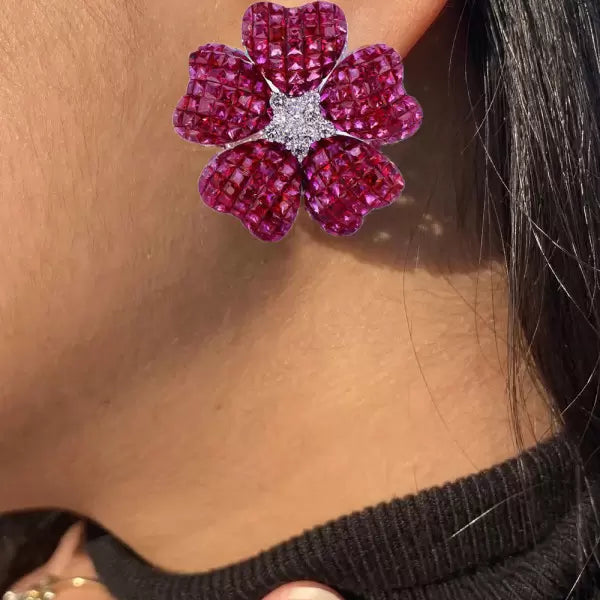 17ctw Invisible Set Ruby Flower Earrings