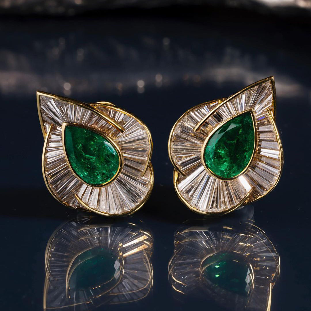 3ct Pear Cut Emerald Flower Earrings -JOSHINY