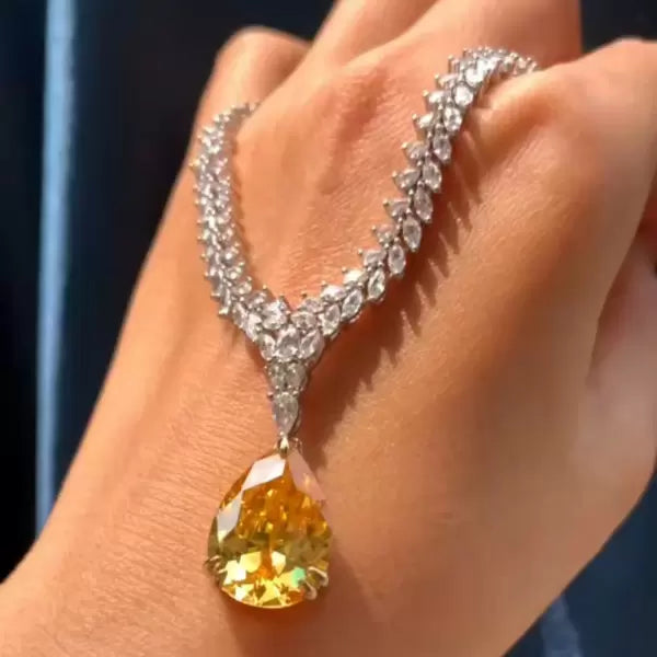 26ctw Pear Cut Elegant Pave Set Yellow Gemstone Necklace