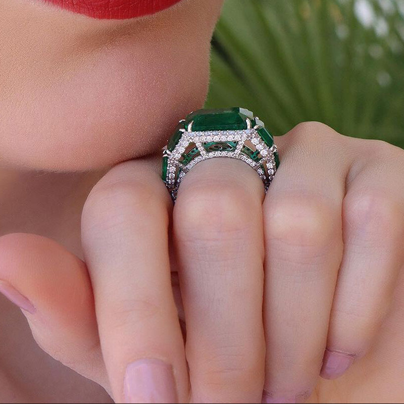 13ct Emerald Cut Pavé Green Gemstone Engagement Ring