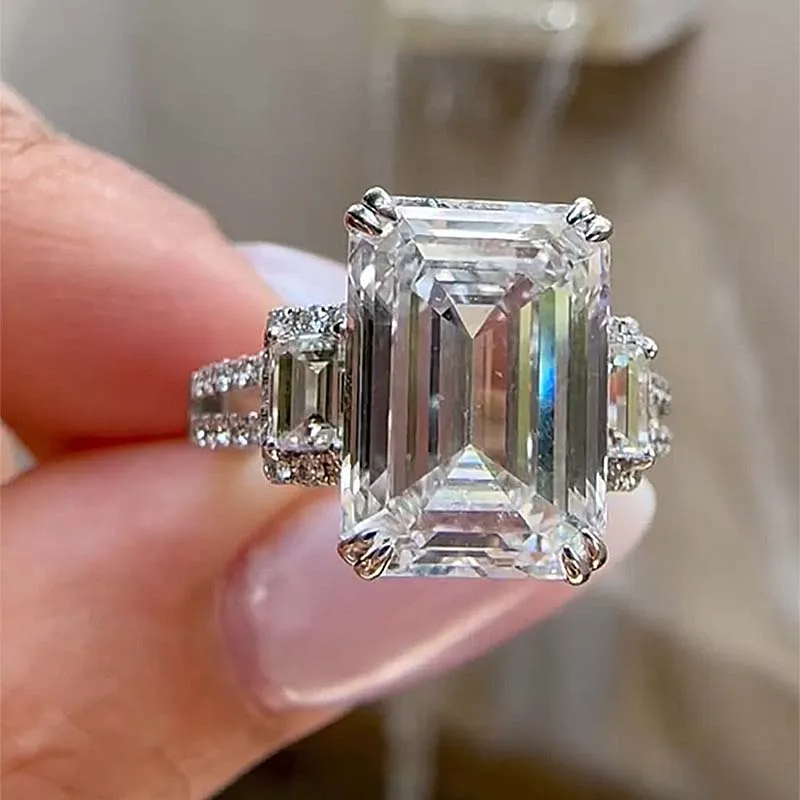 5ct Emerald Cut Three Stone White Gemstone Engagement Ring