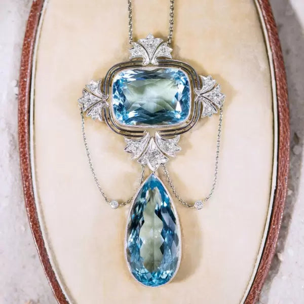 20ctw Vintage Pear and Cushion Cut Blue Gemstone Necklace