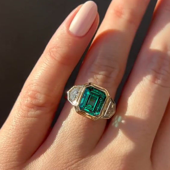 6 ctw Emerald Cut Emerald 3-Stone Gold Ring -JOSHINY